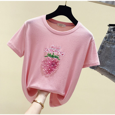 Модерна дамска блуза с апликация ягода и лъскави частици