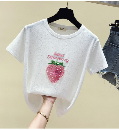 Модерна дамска блуза с апликация ягода и лъскави частици