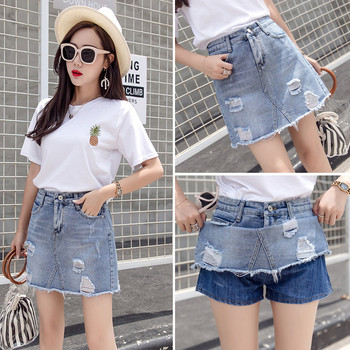 Актуална къса дънкова пола с висока талия и скъсани мотиви