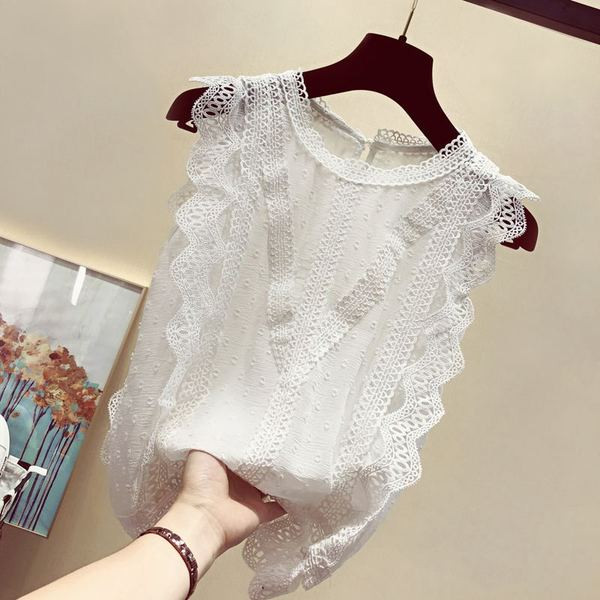 Top de damă fără mâneci din dantelă și decolteu oval