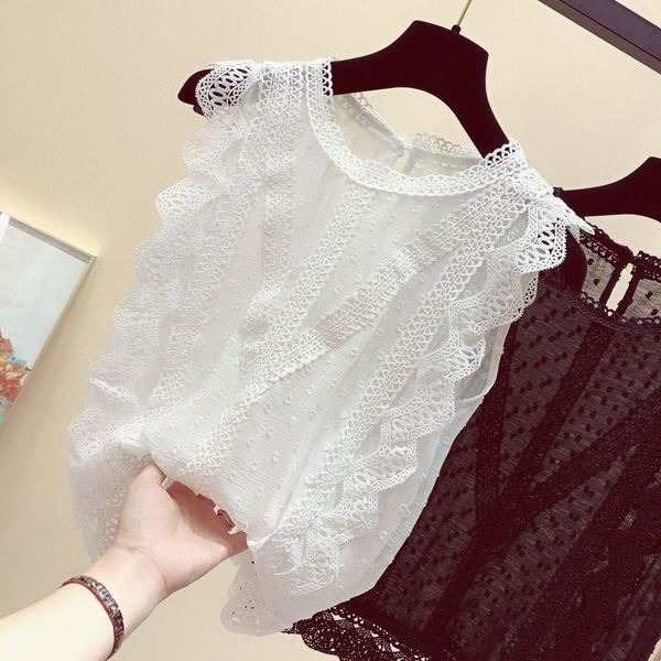 Top de damă fără mâneci din dantelă și decolteu oval