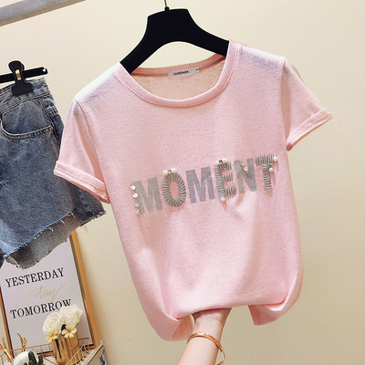 Bluză de damă modernă cu mâneci scurte și inscripția MOMENT