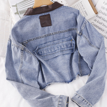 Rövid farmerdzseki zsebekkel és bőrgallérral