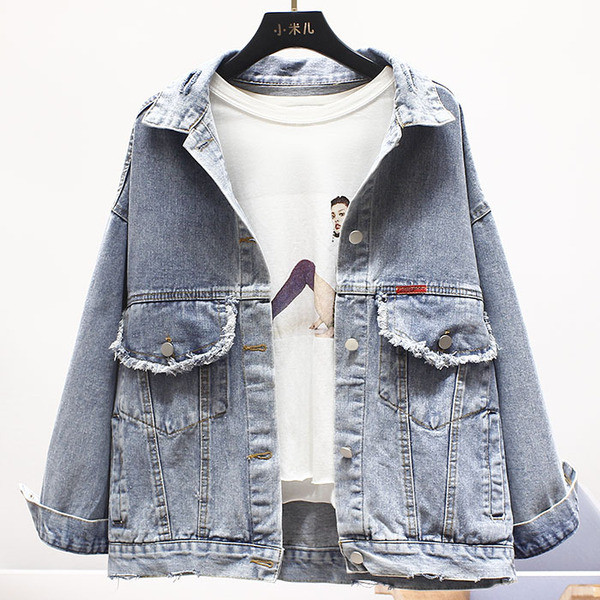 ÚJ modell női farmerdzseki szakadt motívumokkal és gallérral