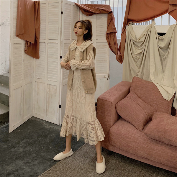 Rochie retro dama din dantela cu maneci lungi