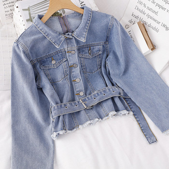 Jachetă modernă de denim de damă, cu guler și curea clasice