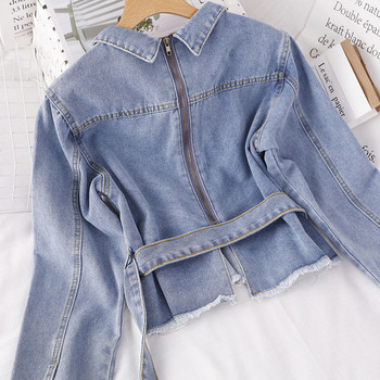 Jachetă modernă de denim de damă, cu guler și curea clasice