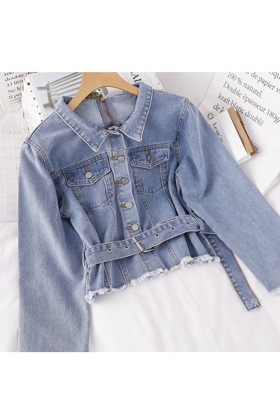 Jachetă modernă de denim de damă, cu guler și curea clasice