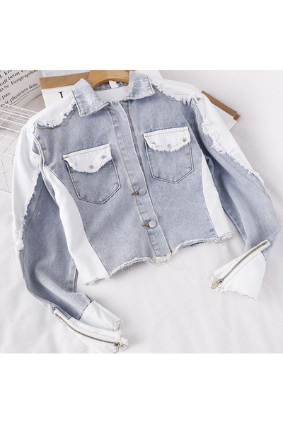 Geacă de damă din denim bicolor model larg cu guler clasic