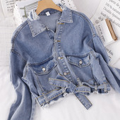 Jachetă de denim de primăvară cu guler rupt și motive pentru curele