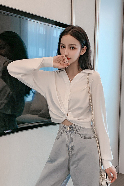 Cămașă scurtă casual de damă, cu guler clasic și mâneci lungi