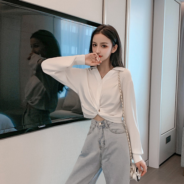 Cămașă scurtă casual de damă, cu guler clasic și mâneci lungi