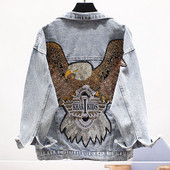 Jachetă de damă lată din denim model NOU, cu aplicație și mâneci largi