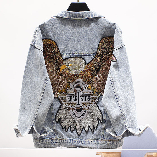 Jachetă de damă lată din denim model NOU, cu aplicație și mâneci largi