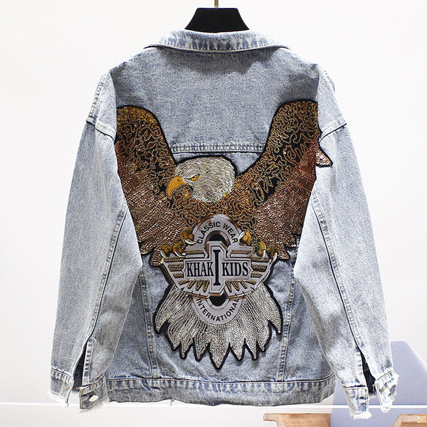 Jachetă de damă lată din denim model NOU, cu aplicație și mâneci largi