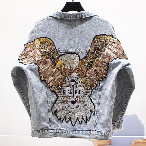 Jachetă de damă lată din denim model NOU, cu aplicație și mâneci largi