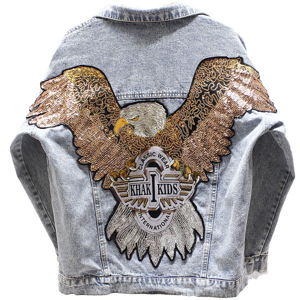 Jachetă de damă lată din denim model NOU, cu aplicație și mâneci largi