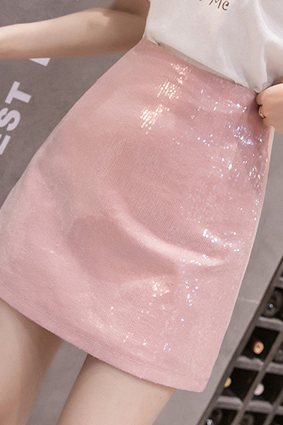 Fusta scurta casual de dama cu talie inalta si particule stralucitoare