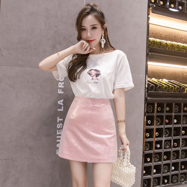 Fusta scurta casual de dama cu talie inalta si particule stralucitoare