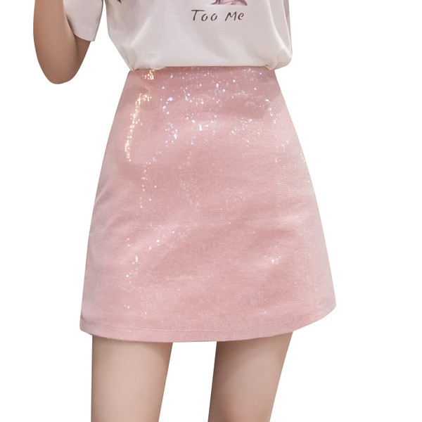 Fusta scurta casual de dama cu talie inalta si particule stralucitoare