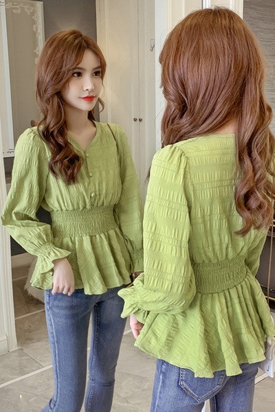 Bluză casual de damă cu decolteu spitz și talie elastică