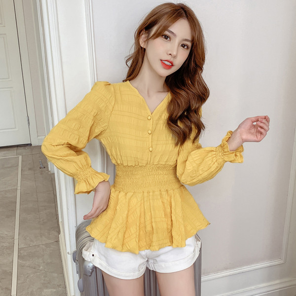 Bluză casual de damă cu decolteu spitz și talie elastică