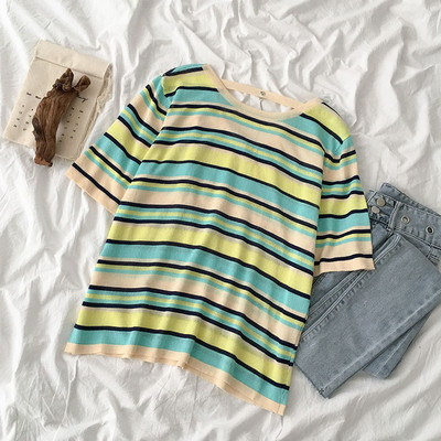 Csíkos női póló rövid ujjal, kerek nyakkivágással