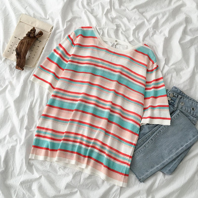 Csíkos női póló rövid ujjal, kerek nyakkivágással