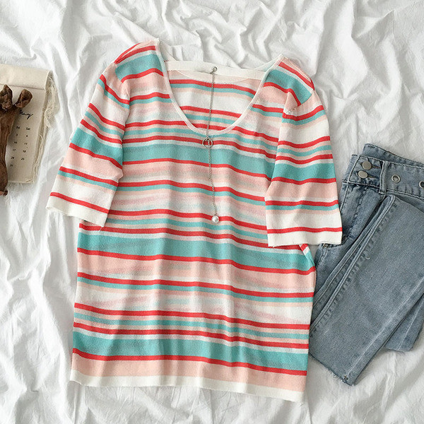 Csíkos női póló rövid ujjal, kerek nyakkivágással