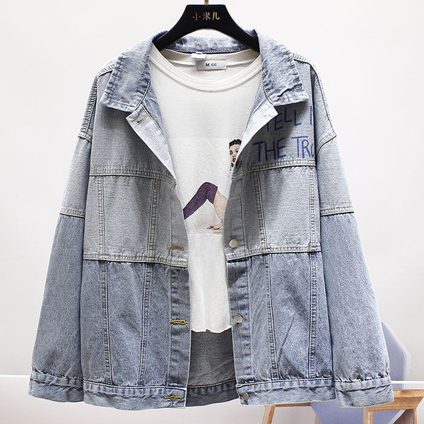 Geacă casual de damă din denim model larg cu aplicații și inscripții