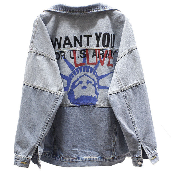 Geacă casual de damă din denim model larg cu aplicații și inscripții