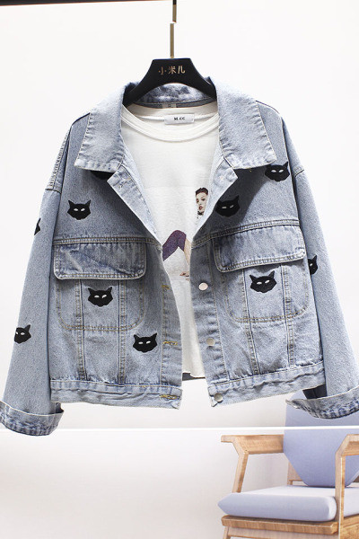 Jachetă casual scurtă de blugi pentru femei, cu broderie de pisici și mâneci lungi