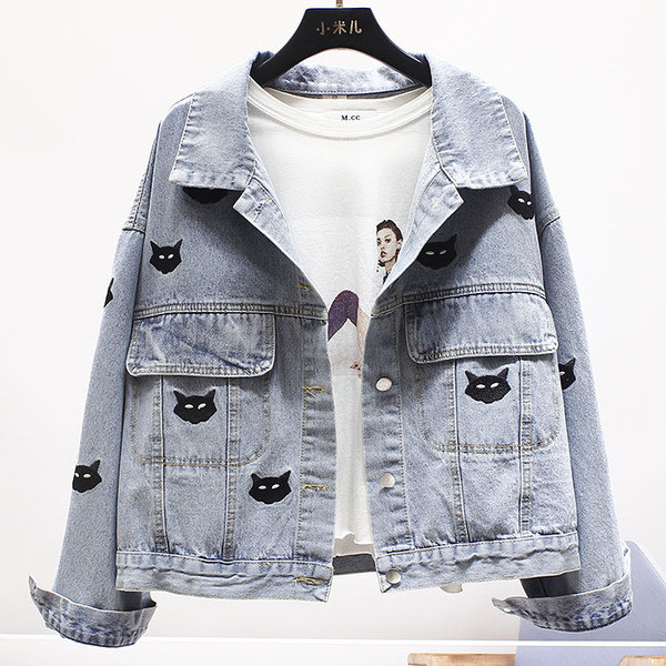 Jachetă casual scurtă de blugi pentru femei, cu broderie de pisici și mâneci lungi