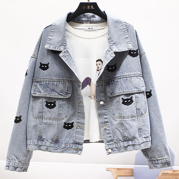 Jachetă casual scurtă de blugi pentru femei, cu broderie de pisici și mâneci lungi