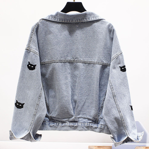 Jachetă casual scurtă de blugi pentru femei, cu broderie de pisici și mâneci lungi