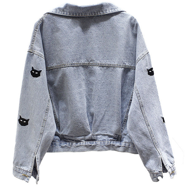 Jachetă casual scurtă de blugi pentru femei, cu broderie de pisici și mâneci lungi