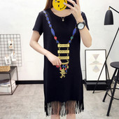 Rochie casual de dama cu decolteu rotund, franjuri si maneci scurte