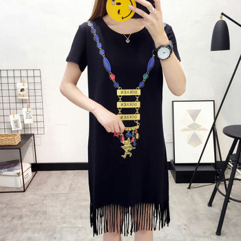 Rochie casual de dama cu decolteu rotund, franjuri si maneci scurte