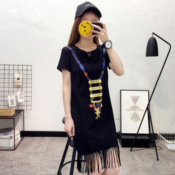 Rochie casual de dama cu decolteu rotund, franjuri si maneci scurte