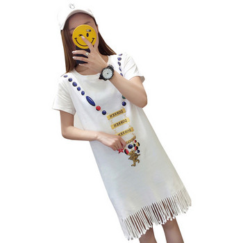 Rochie casual de dama cu decolteu rotund, franjuri si maneci scurte