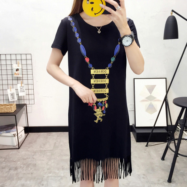 Rochie casual de dama cu decolteu rotund, franjuri si maneci scurte