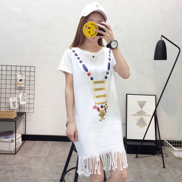 Rochie casual de dama cu decolteu rotund, franjuri si maneci scurte