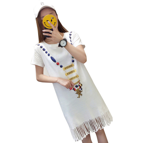 Rochie casual de dama cu decolteu rotund, franjuri si maneci scurte