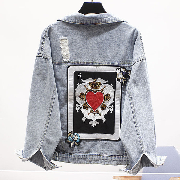 Jachetă casual de damă din denim cu motive rupte și aplicație