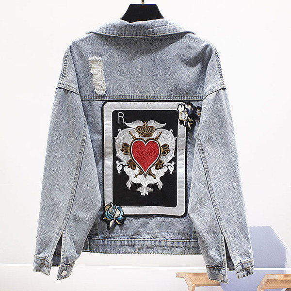 Jachetă casual de damă din denim cu motive rupte și aplicație