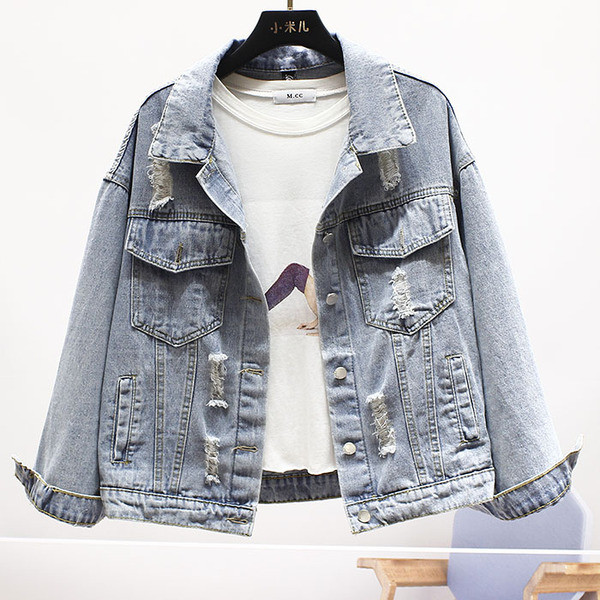 Jachetă casual de damă din denim cu motive rupte și aplicație