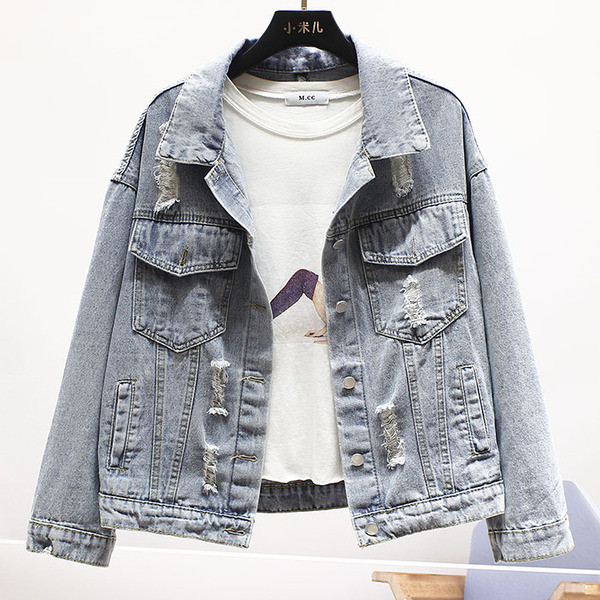 Jachetă casual de damă din denim cu motive rupte și aplicație