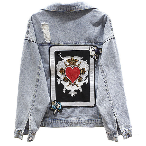 Jachetă casual de damă din denim cu motive rupte și aplicație