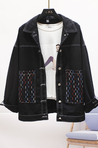 Jachetă casual de damă din denim cu guler și margine albă și neagră