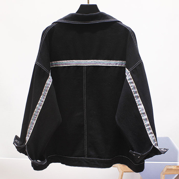 Jachetă casual de damă din denim cu guler și margine albă și neagră